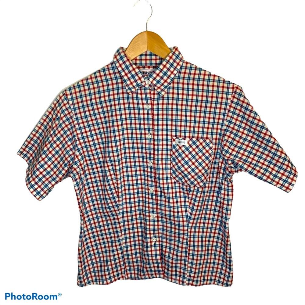 VINTAGE GUESS Micro Plaid Top Large L White Red Blue Buttons 80s